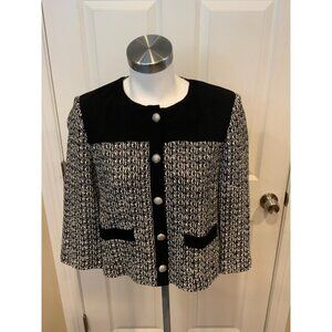 St. John Black White Tweed Silver Button Cropped Jacket, Size 6